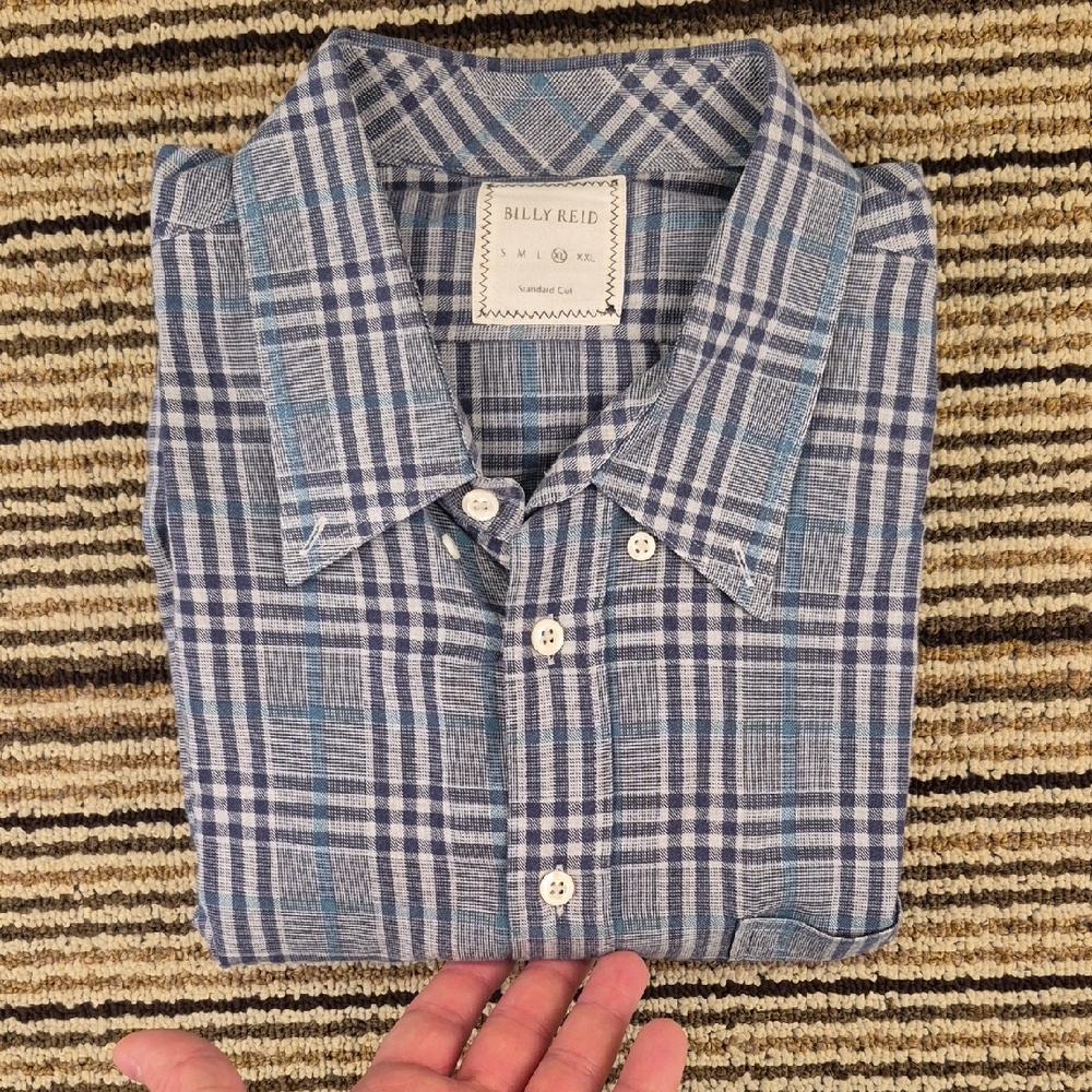BILLY REID Grey Navy Teal Plaid Cotton Mens XL Standard Cut Long Sleeve Shirt